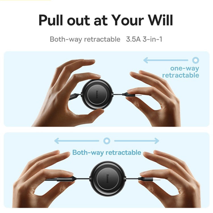 BASEUS Bright Mirror 2 Series Retractable USB to M+L+C 3.5A Fast Charging Cable, 1.1m - Black