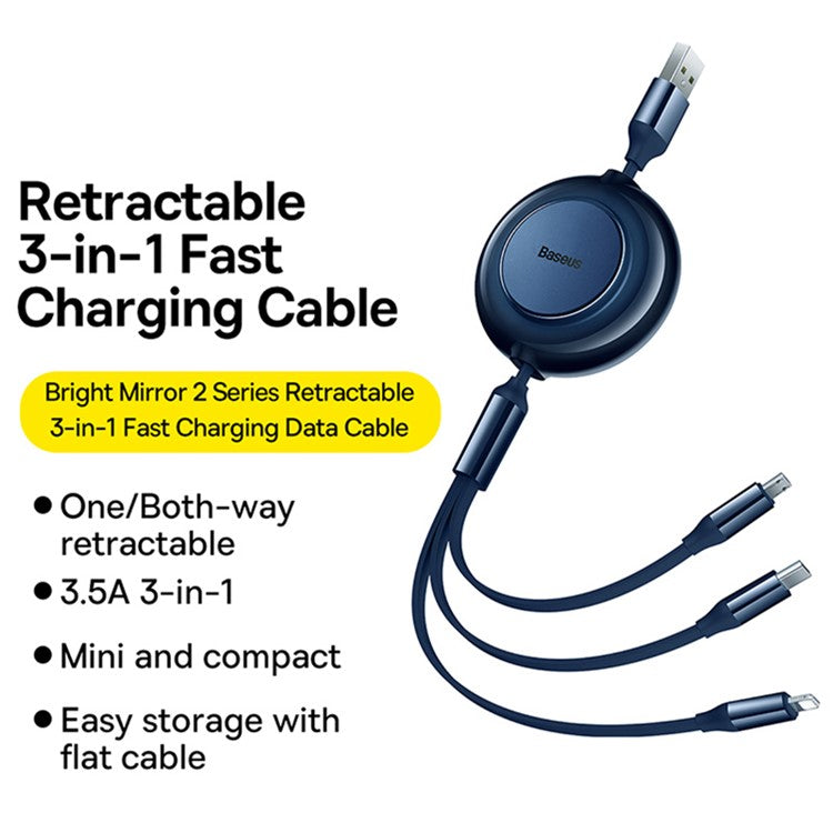 BASEUS Bright Mirror 2 Series Retractable USB to M+L+C 3.5A Fast Charging Cable, 1.1m - Blue