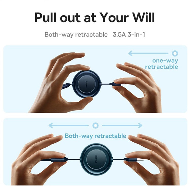 BASEUS Bright Mirror 2 Series Retractable USB to M+L+C 3.5A Fast Charging Cable, 1.1m - Blue