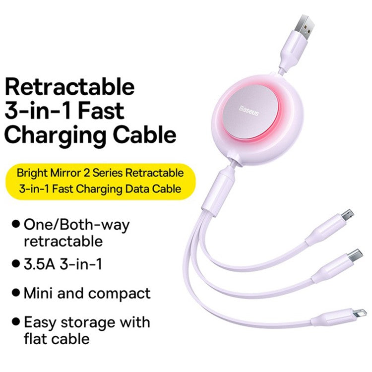 BASEUS Bright Mirror 2 Series Retractable USB to M+L+C 3.5A Fast Charging Cable, 1.1m - Purple