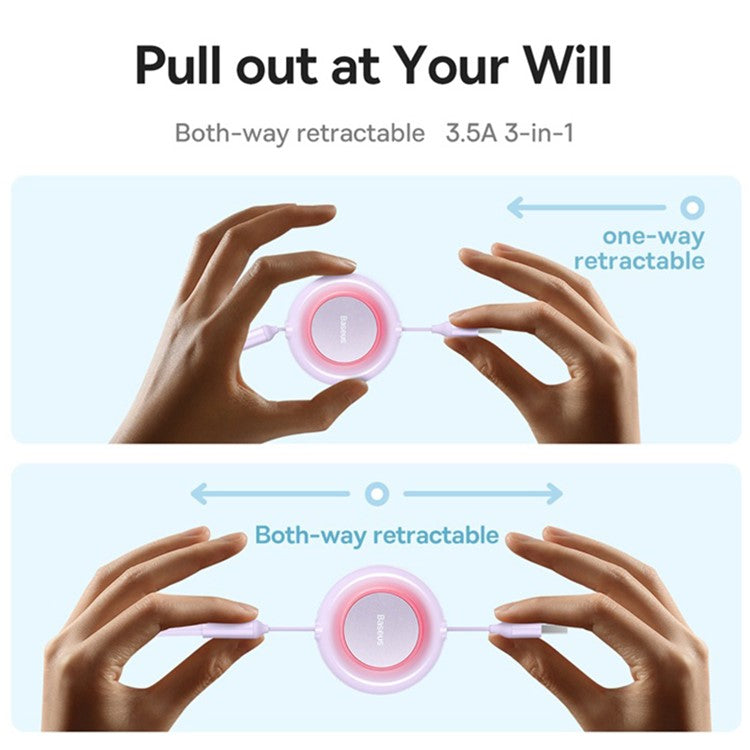 BASEUS Bright Mirror 2 Series Retractable USB to M+L+C 3.5A Fast Charging Cable, 1.1m - Purple