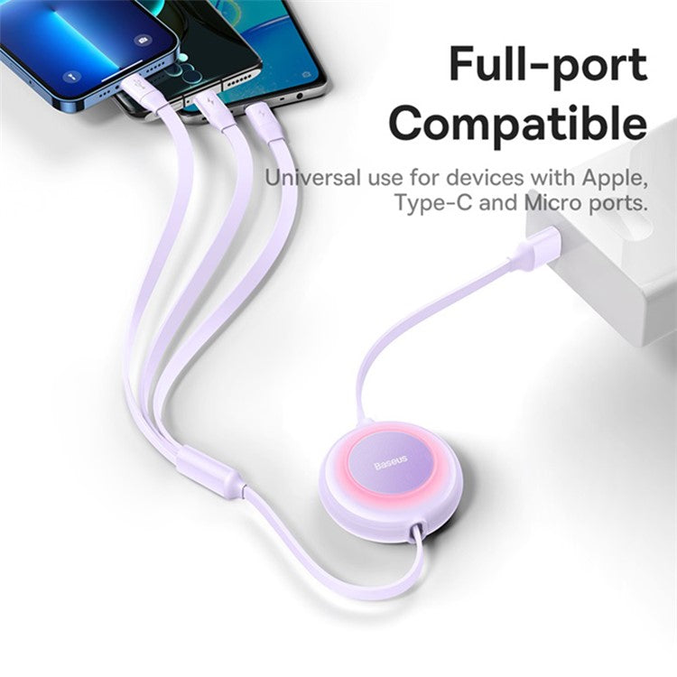 BASEUS Bright Mirror 2 Series Retractable USB to M+L+C 3.5A Fast Charging Cable, 1.1m - Purple