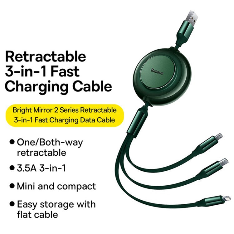 BASEUS Bright Mirror 2 Series Retractable USB to M+L+C 3.5A Fast Charging Cable, 1.1m - Green