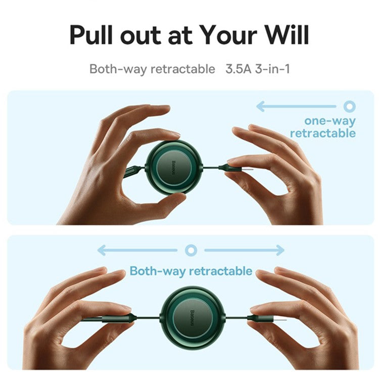 BASEUS Bright Mirror 2 Series Retractable USB to M+L+C 3.5A Fast Charging Cable, 1.1m - Green