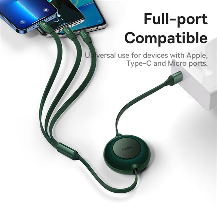 BASEUS Bright Mirror 2 Series Retractable USB to M+L+C 3.5A Fast Charging Cable, 1.1m - Green