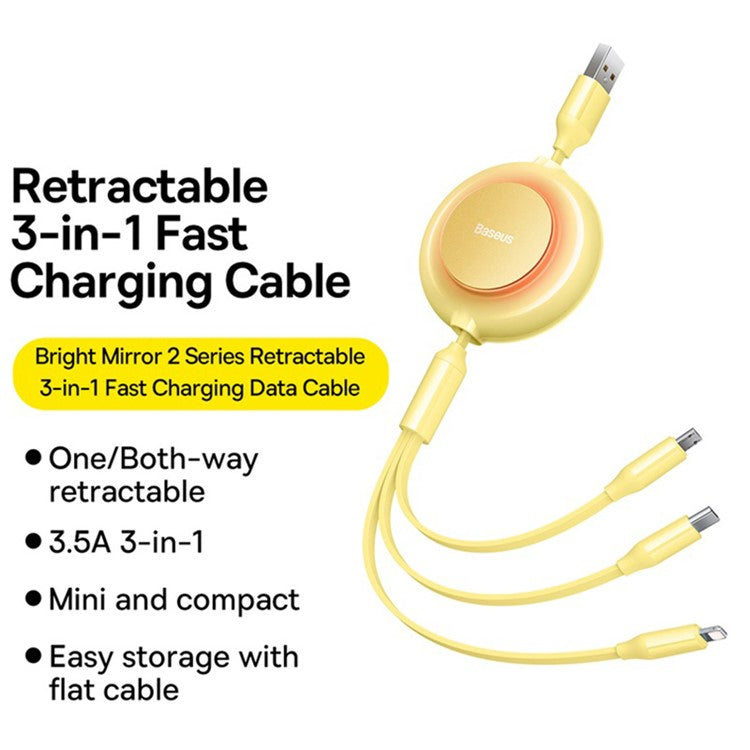 BASEUS Bright Mirror 2 Series Retractable USB to M+L+C 3.5A Fast Charging Cable, 1.1m - Yellow