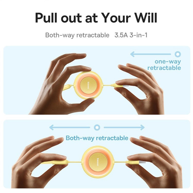 BASEUS Bright Mirror 2 Series Retractable USB to M+L+C 3.5A Fast Charging Cable, 1.1m - Yellow