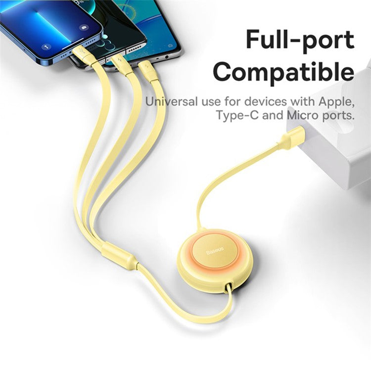 BASEUS Bright Mirror 2 Series Retractable USB to M+L+C 3.5A Fast Charging Cable, 1.1m - Yellow