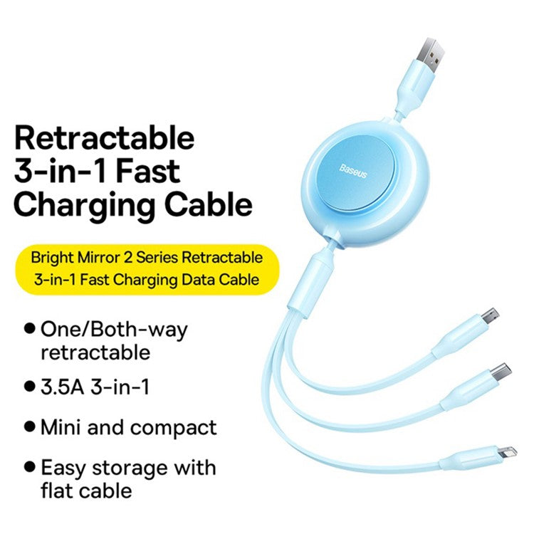BASEUS Bright Mirror 2 Series Retractable USB to M+L+C 3.5A Fast Charging Cable, 1.1m - Sky Blue
