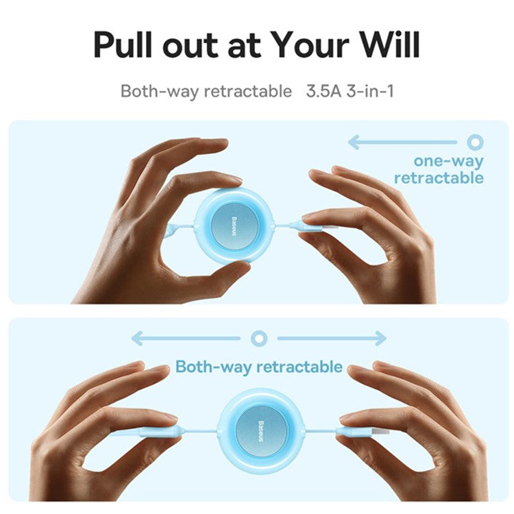 BASEUS Bright Mirror 2 Series Retractable USB to M+L+C 3.5A Fast Charging Cable, 1.1m - Sky Blue