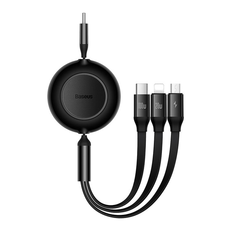 BASEUS Bright Mirror 2 Series Retractable Type-C to M+L+C 100W Fast Charging Cable, 1.1m - Black