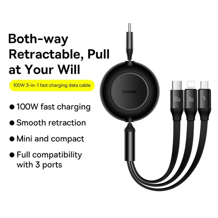 BASEUS Bright Mirror 2 Series Retractable Type-C to M+L+C 100W Fast Charging Cable, 1.1m - Black