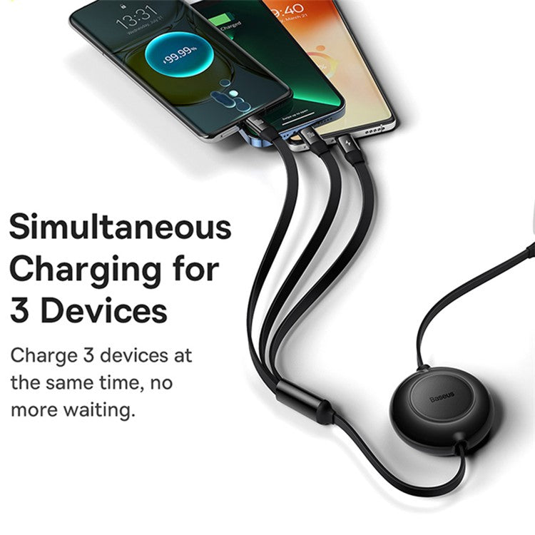 BASEUS Bright Mirror 2 Series Retractable Type-C to M+L+C 100W Fast Charging Cable, 1.1m - Black