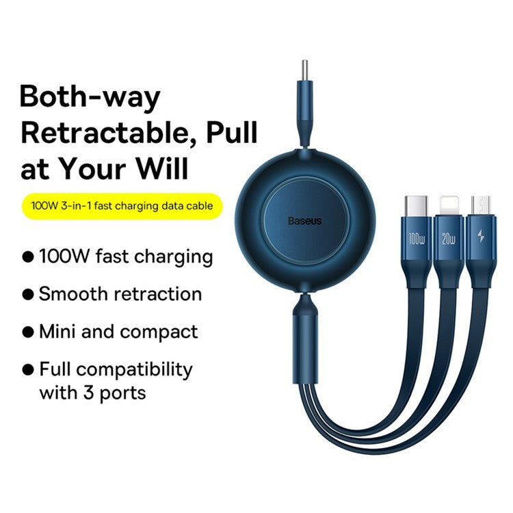 BASEUS Bright Mirror 2 Series Retractable Type-C to M+L+C 100W Fast Charging Cable, 1.1m - Blue