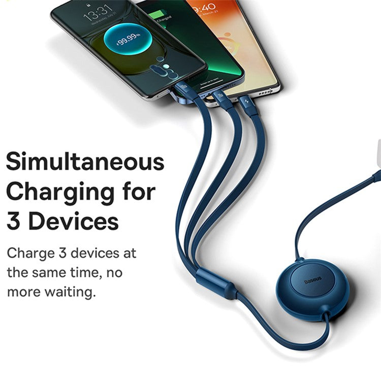 BASEUS Bright Mirror 2 Series Retractable Type-C to M+L+C 100W Fast Charging Cable, 1.1m - Blue