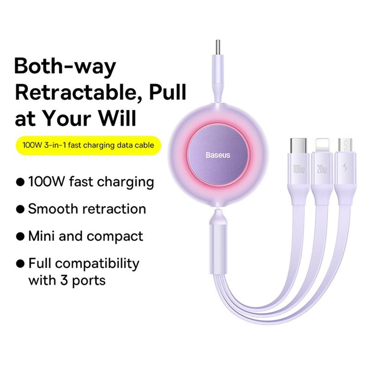 BASEUS Bright Mirror 2 Series Retractable Type-C to M+L+C 100W Fast Charging Cable, 1.1m - Purple