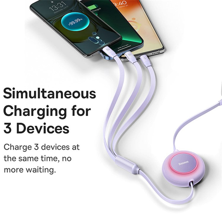 BASEUS Bright Mirror 2 Series Retractable Type-C to M+L+C 100W Fast Charging Cable, 1.1m - Purple