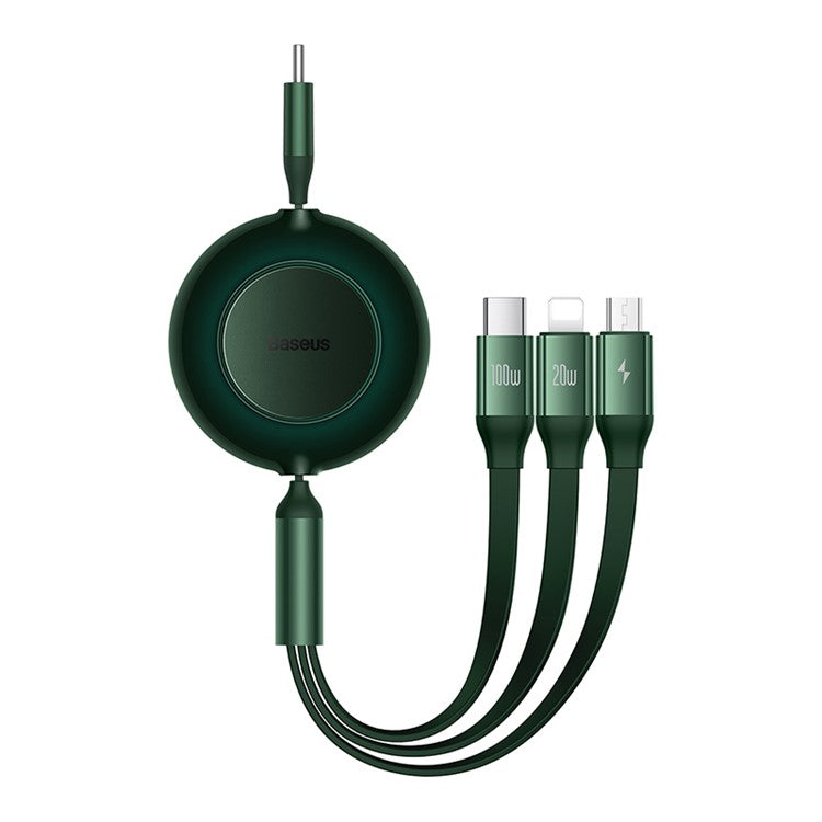 BASEUS Bright Mirror 2 Series Retractable Type-C to M+L+C 100W Fast Charging Cable, 1.1m - Green