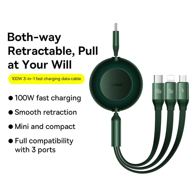 BASEUS Bright Mirror 2 Series Retractable Type-C to M+L+C 100W Fast Charging Cable, 1.1m - Green