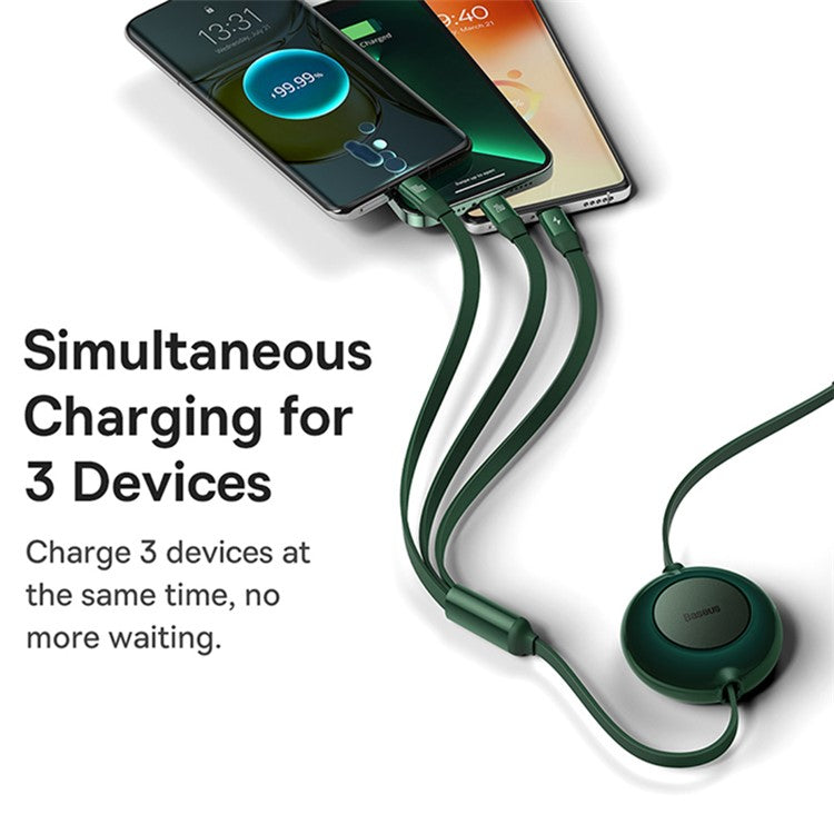 BASEUS Bright Mirror 2 Series Retractable Type-C to M+L+C 100W Fast Charging Cable, 1.1m - Green