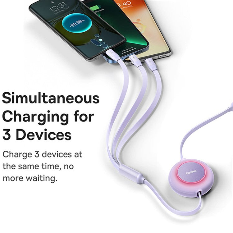 BASEUS Bright Mirror 2 Series Retractable Fast Charging Cable USB to M+L+C 66W, 1.1m - Purple