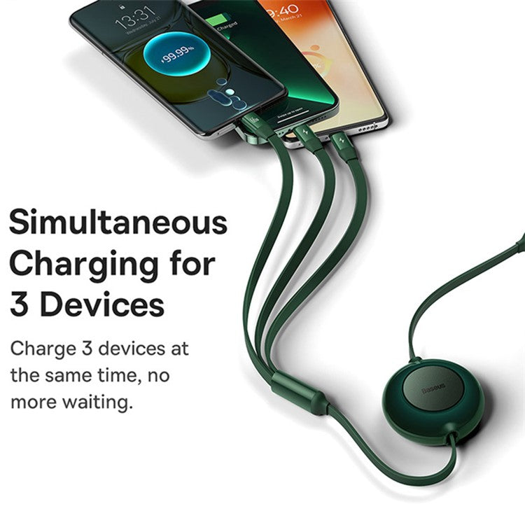 BASEUS Bright Mirror 2 Series Retractable Fast Charging Cable USB to M+L+C 66W, 1.1m - Green