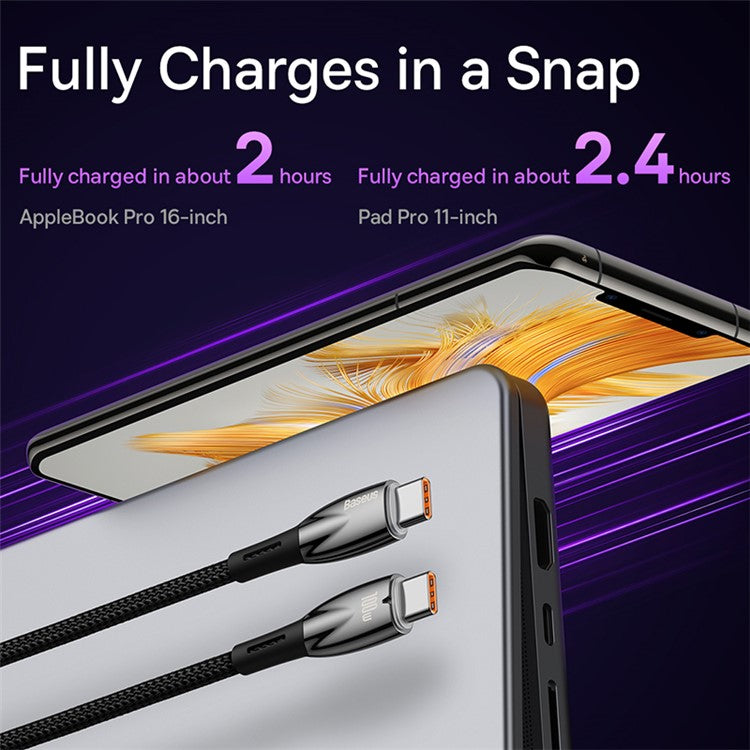 BASEUS Glimmer Series Type-C to Type-C Charging Cable 2m PD 100W Zinc Alloy Nylon Braided USB-C Charger Cable - Black