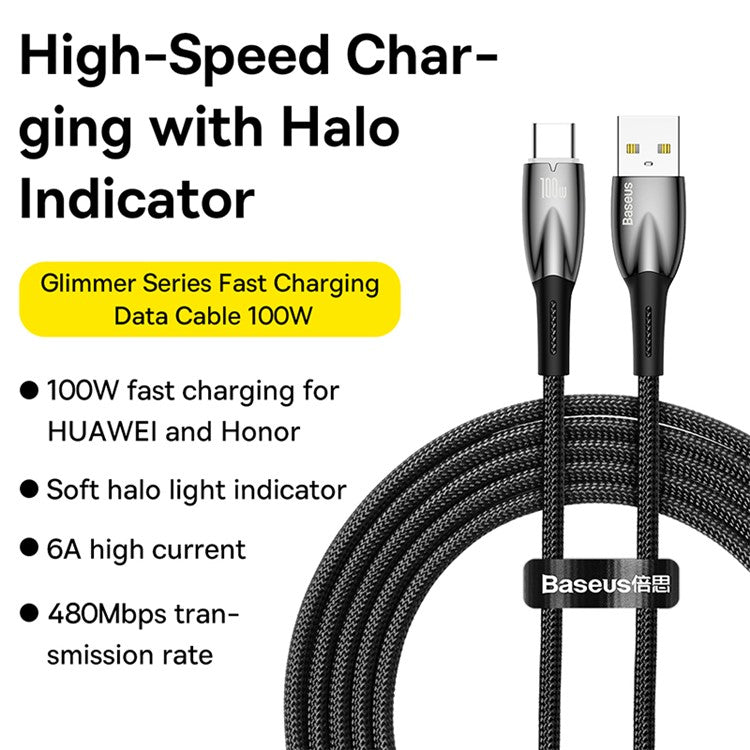 BASEUS Glimmer Series USB to Type-C Charging Cable 2m 100W Nylon Braided Fast Charger Cable - Black