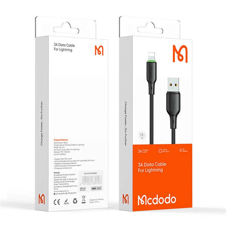 MCDODO Alpha Series CA-474 1.2m USB-A to Lightning Cable 3A Silicone Data Cord - Black