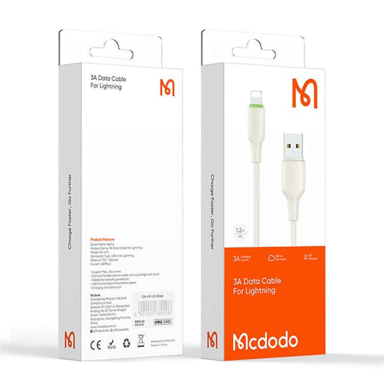 MCDODO Alpha Series CA-474 1.2m USB-A to Lightning Cable 3A Silicone Data Cord - Beige