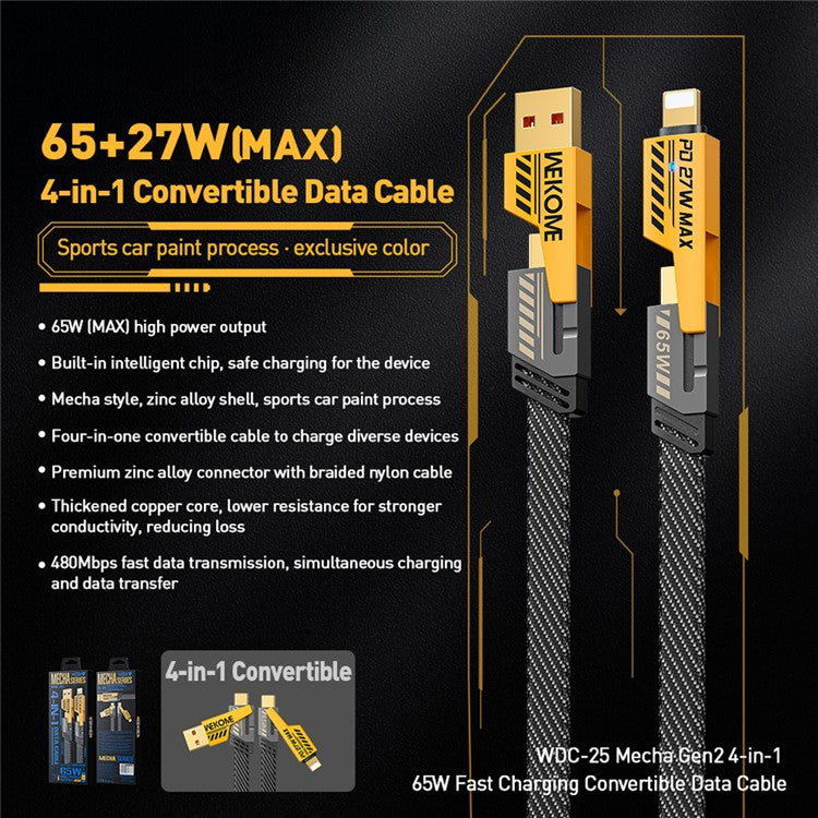 WEKOME WDC-25 4 in 1 1.2m Fast Phone Charger 65W Magnetic Charging Cable for Micro USB / Type C / IP Device