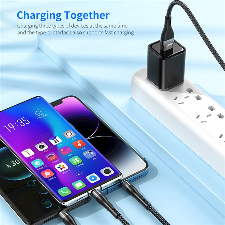ENKAY 1.3m USB / Type-C to iP / Type-C / Micro USB 5A Fast Charge Data Cable with LED Indicator, Nylon Braided - Black