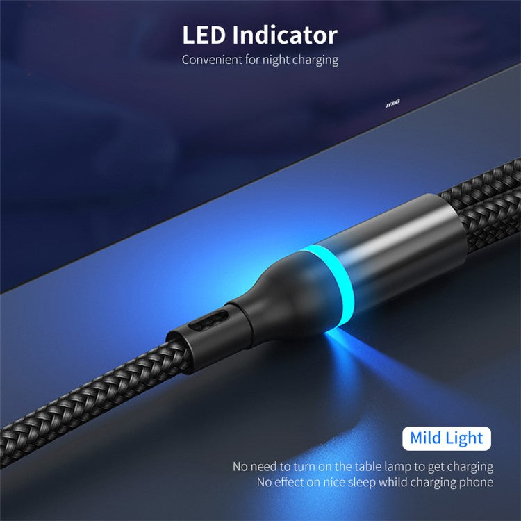 ENKAY 1.3m USB / Type-C to iP / Type-C / Micro USB 5A Fast Charge Data Cable with LED Indicator, Nylon Braided - Black