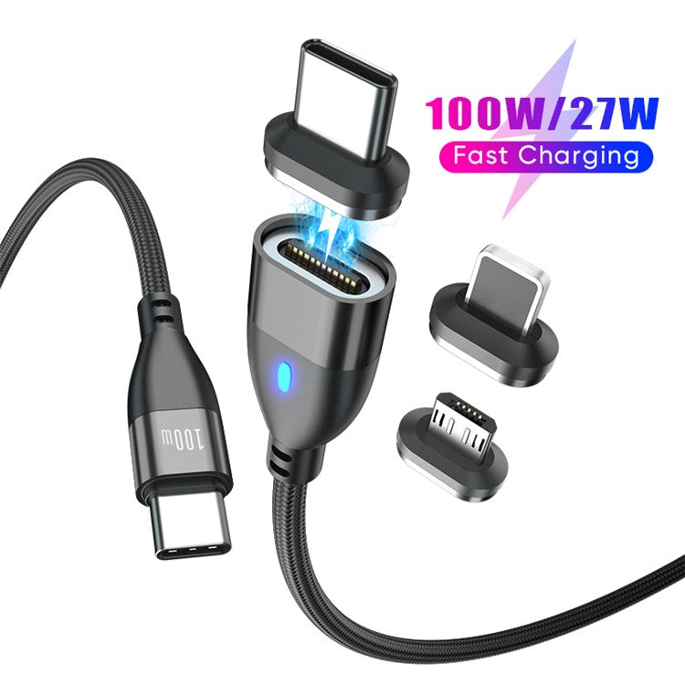 ENKAY 1m 24Pin PD 100W Type-C to iP / Type-C / Micro USB Magnetic Charging Data Cable with LED Indicator - Black