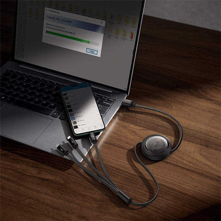 BASEUS Free2Draw Series CB000084 100W 1.1m 3-in-1 Telescopic Data Cable USB to Type-C / Micro USB / iP Fast Charge Cable - Black