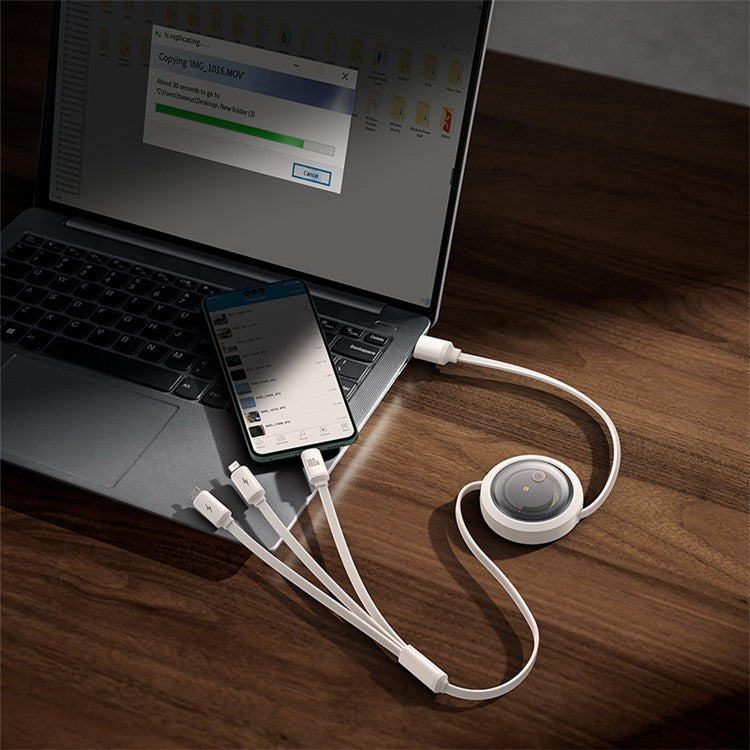 BASEUS Free2Draw Series CB000084 100W 1.1m 3-in-1 Telescopic Data Cable USB to Type-C / Micro USB / iP Fast Charge Cable - White