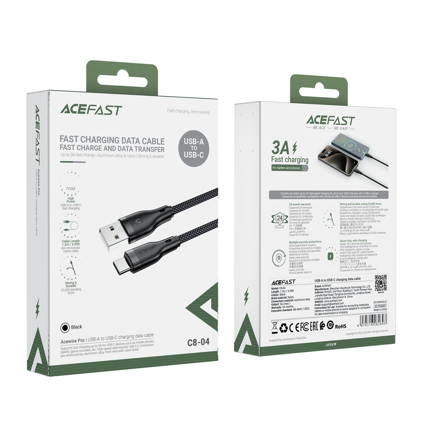 ACEFAST C8-04 1.2m USB-A to USB-C Charging Data Cable 3A Braided USB Charging Cable Cord