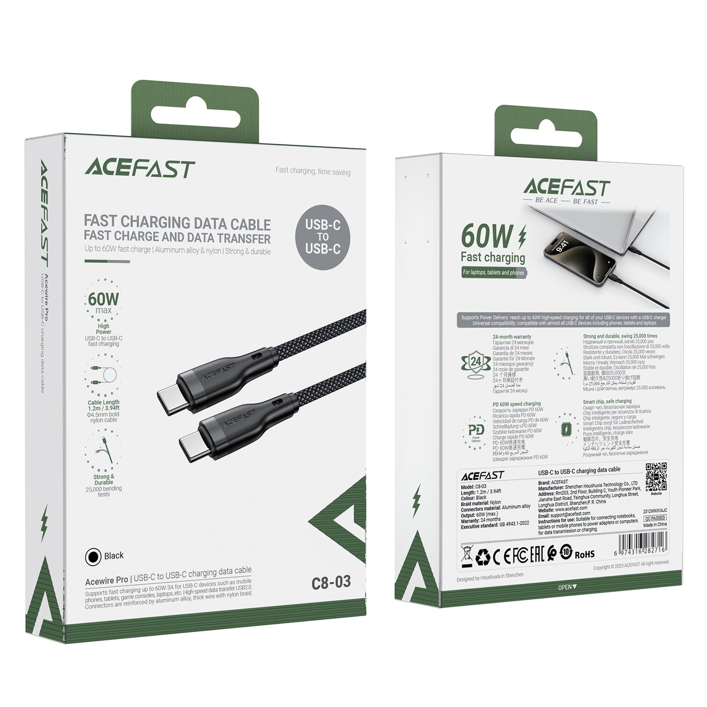 ACEFAST C8-03 1.2m USB-C to USB-C Charging Cable Cord 3A Braided Charging Data Cable