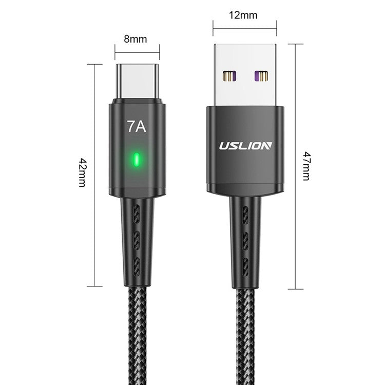USLION US0188 USB-A to USB-C Charging Cable 1m Braided Data Cord - Purple
