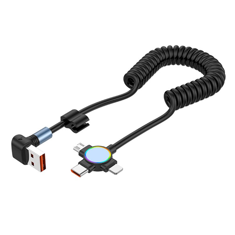 USB to Micro+Type-C+Ip 3-in-1 Fast Charging Spring Cable Support Carplay - T-Shaped Elbow