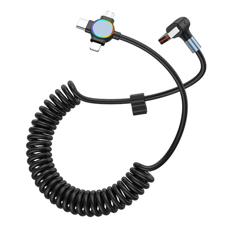 USB to Micro+Type-C+Ip 3-in-1 Fast Charging Spring Cable Support Carplay - T-Shaped Elbow