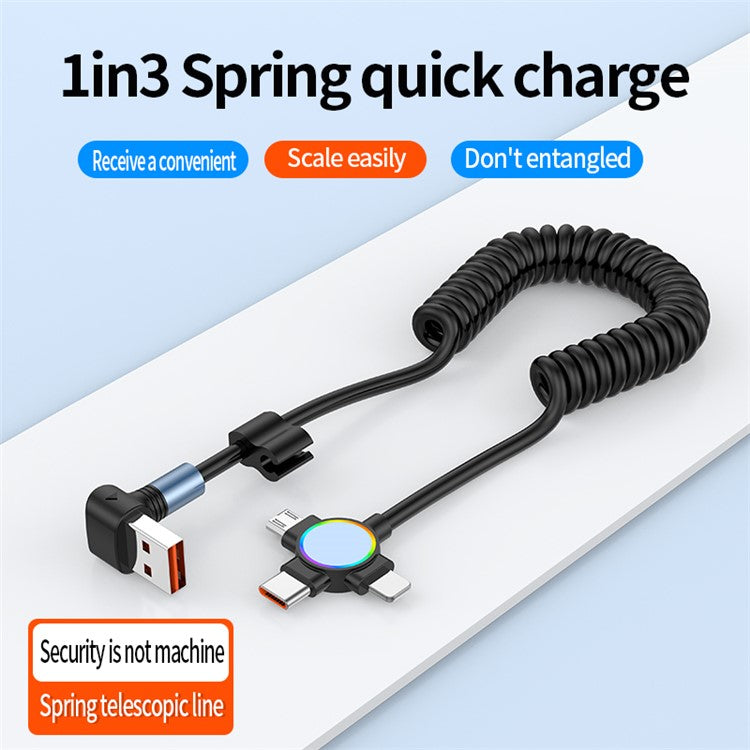 USB to Micro+Type-C+Ip 3-in-1 Fast Charging Spring Cable Support Carplay - T-Shaped Elbow