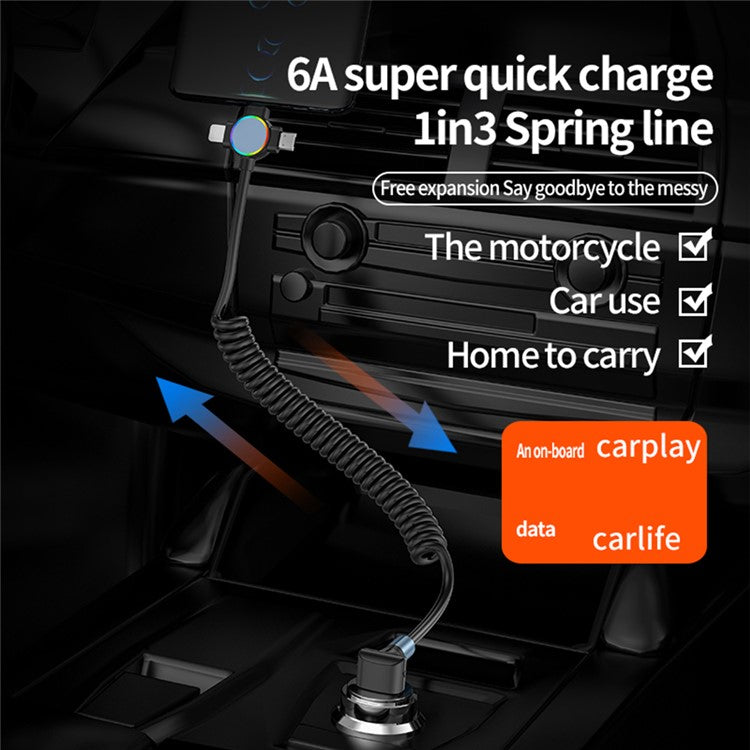 USB to Micro+Type-C+Ip 3-in-1 Fast Charging Spring Cable Support Carplay - T-Shaped Elbow