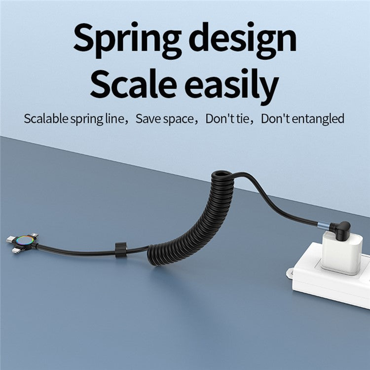 USB to Micro+Type-C+Ip 3-in-1 Fast Charging Spring Cable Support Carplay - T-Shaped Elbow