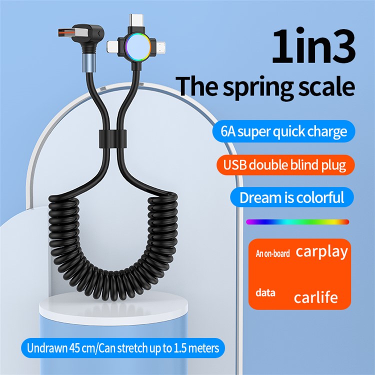 USB to Micro+Type-C+iP 3-in-1 Fast Charging Spring Cable Support Carplay - L-shaped Elbow