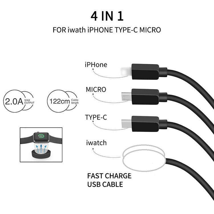 122cm USB to Type-C / 8-pin / Micro / Square Watch Wireless Charger Splitter Cable for Apple Watch / Phone, with Decoding Chip - Black