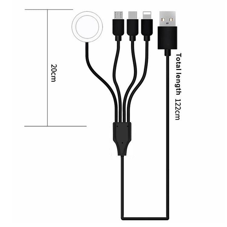 122cm USB to Type-C / 8-pin / Micro / Square Watch Wireless Charger Splitter Cable for Apple Watch / Phone, with Decoding Chip - Black