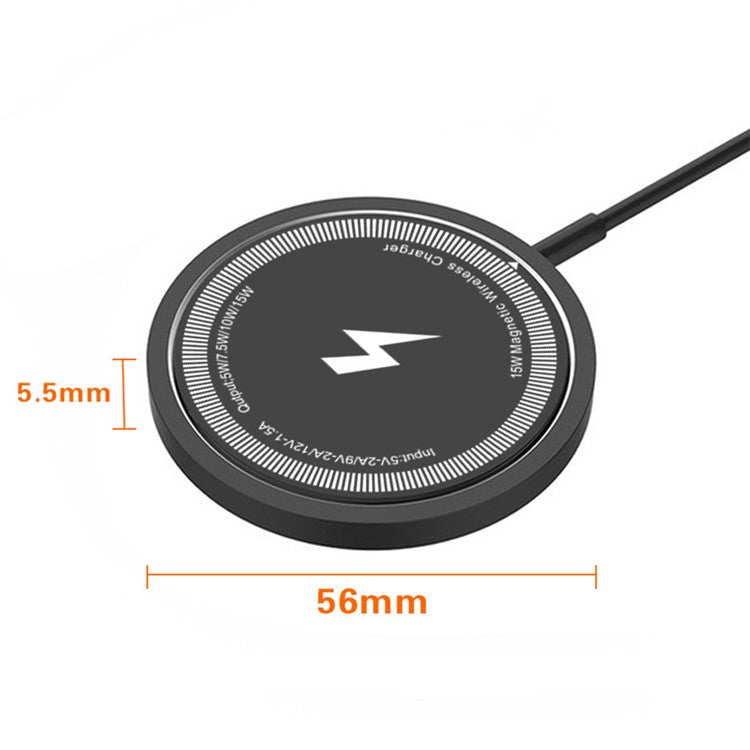 W104 Round Magnetic Wireless Charger 15W Phone Wireless Charging Pad with Type-C Cable - Black