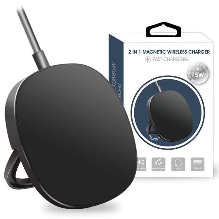 W-91 15W Magnetic Wireless Charger with USB+Type-C 2-in-1 Connector Cable and Foldable Stand
