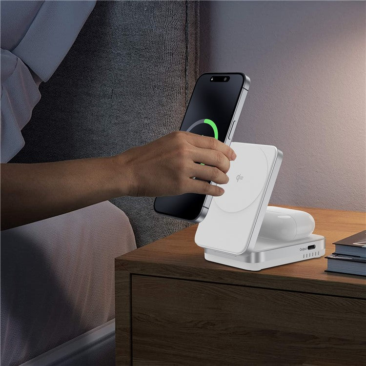 YF-M29 Qi2 Certified 2-in-1 15W Magnetic Wireless Charger with Aluminum Alloy Frame for Earbuds / iPhone - White